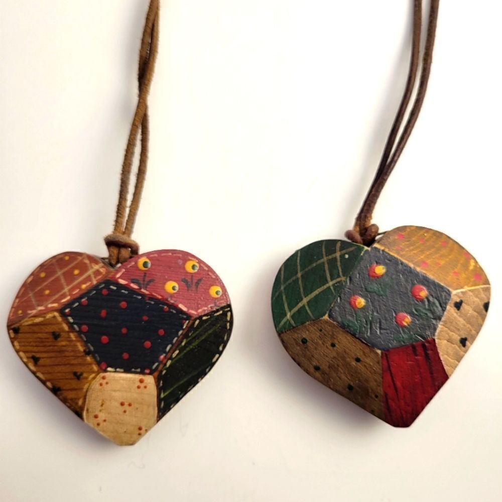 Vintage handmade painted wood heart necklaces folk art